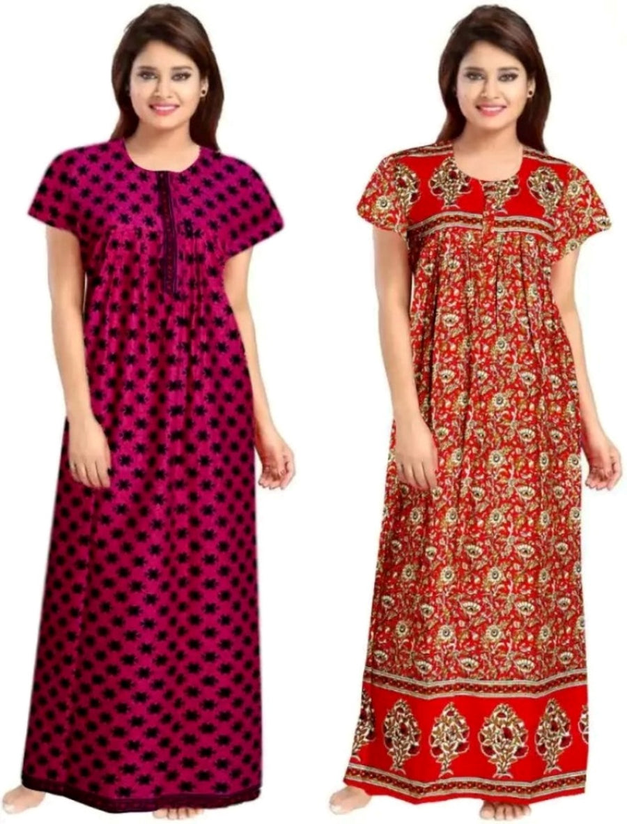 Cotton Night Dress Maxi 2pc Set of Free Size Nightgowns for Women
