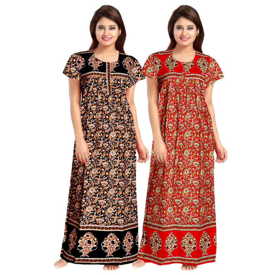 Presents a 2pc Set of Floral Print Cotton Maxi Night Dress for Women