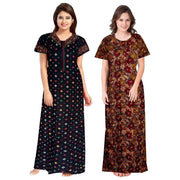 Women's Black & Brown Cotton Maxi Night Dress