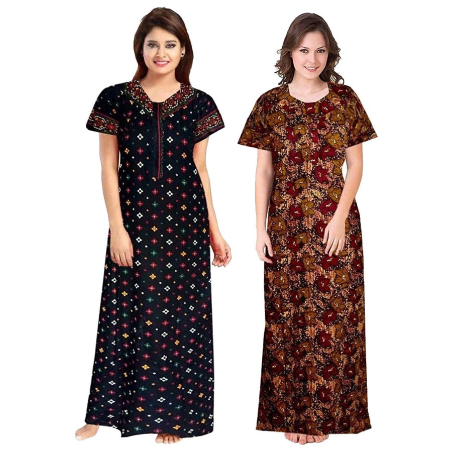 Women's Black & Brown Cotton Maxi Night Dress
