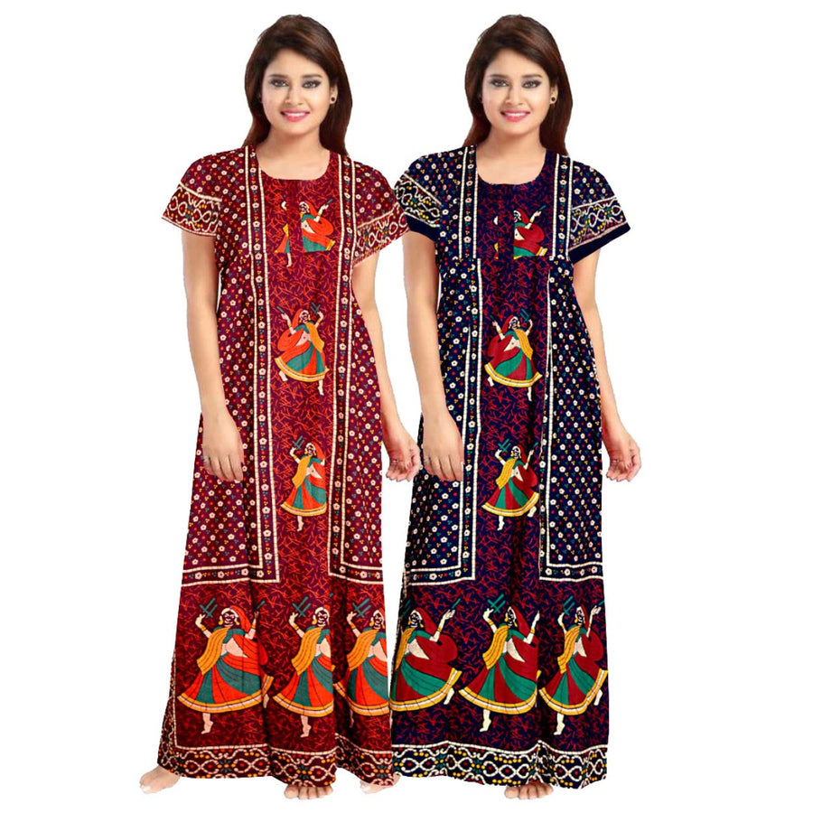 Red and Navy Blue Cotton Night Dress 2-Piece Maxi Set Women's Nighty Combo