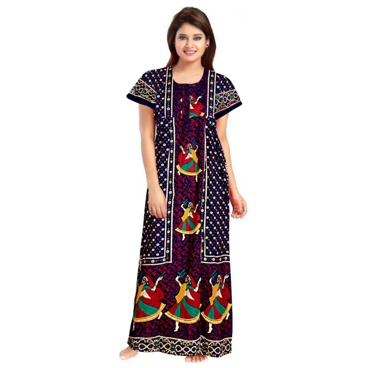 Red and Navy Blue Cotton Night Dress 2-Piece Maxi Set Women's Nighty Combo