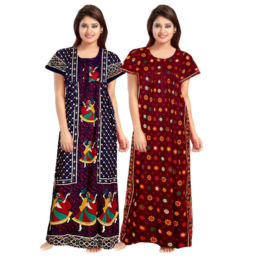 Women's Cotton Maxi Night Dress 2-Piece Set Rajasthani Print