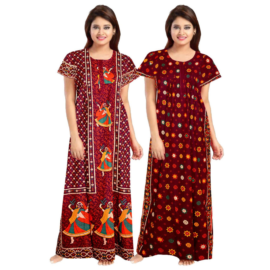 Combo of 2-Piece Red Cotton Maxi Women's Nightwear Dress