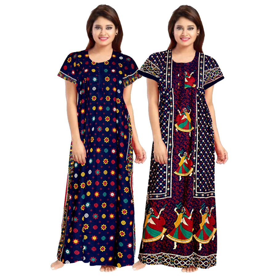 2-Piece Combo Set of Black and Orange Floral Print Maxi Dresses