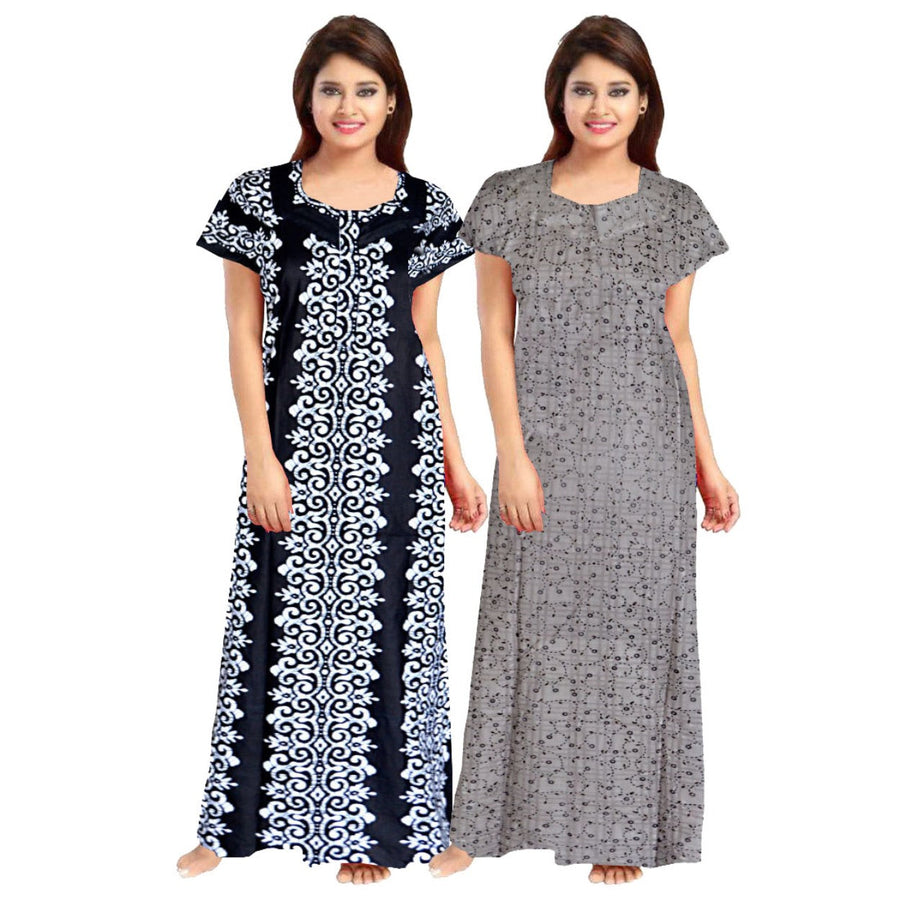 2-Piece Set of Grey & Black Cotton Maxi Nighty Combo for Women