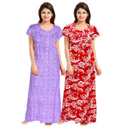 2-Piece Set of Red & Purple Cotton Maxi Night Dress Combo for Women