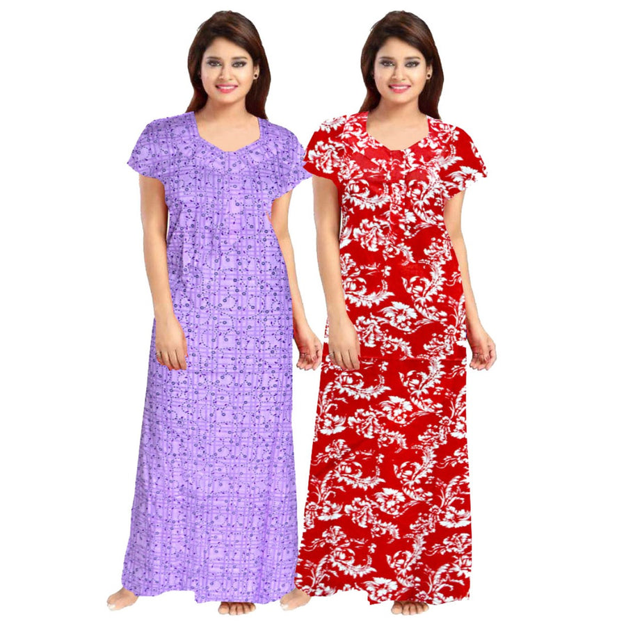 2-Piece Set of Red & Purple Cotton Maxi Night Dress Combo for Women