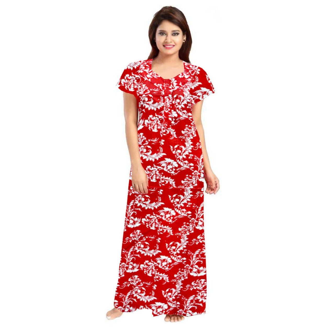 2-Piece Set of Red & Purple Cotton Maxi Night Dress Combo for Women