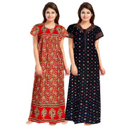 2-Piece Combo Set of Black and Orange Floral Print Maxi Dresses