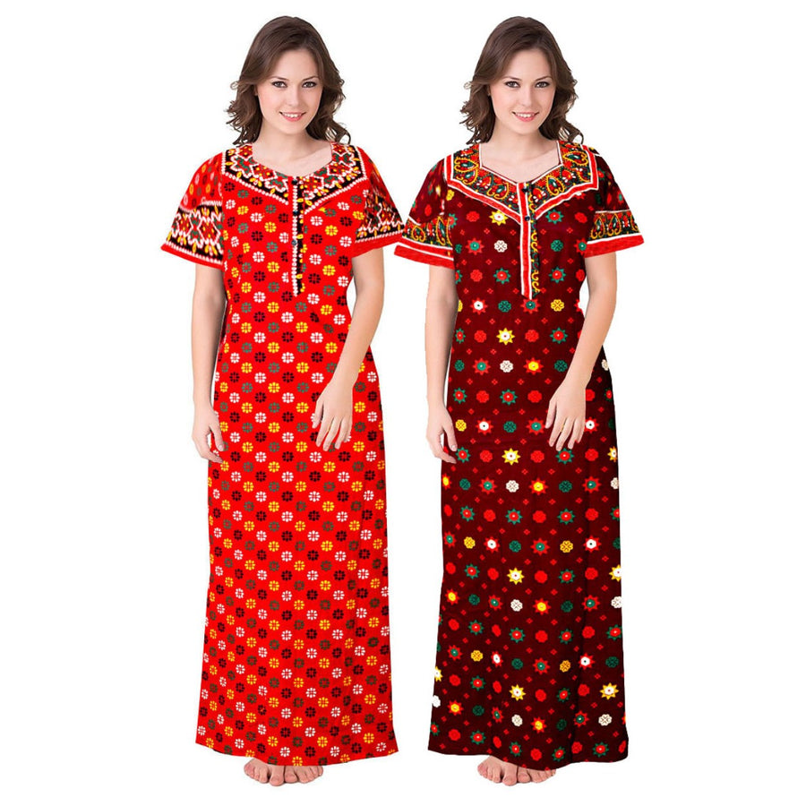 Red & Maroon Women's Nighty 2pc Cotton Night Wear Combo Set