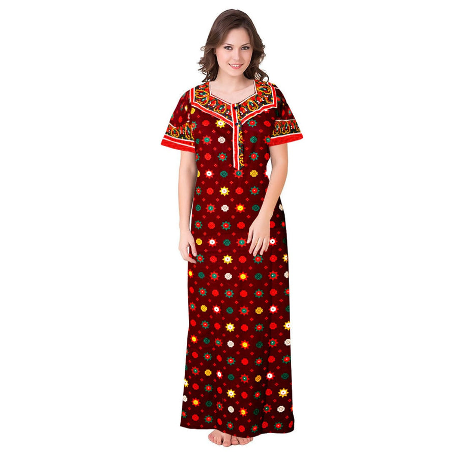 Red & Maroon Women's Nighty 2pc Cotton Night Wear Combo Set
