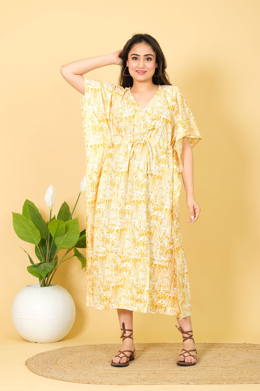 India Printed Cotton Long Beach Kaftan Dress Free Size Caftan, Soft Cotton Kaftan