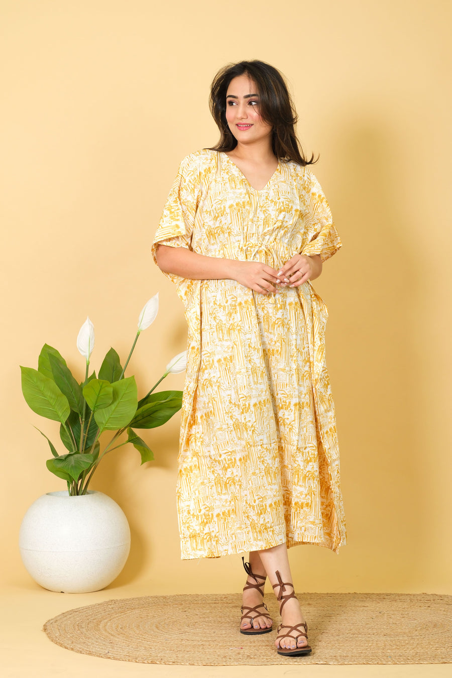 India Printed Cotton Long Beach Kaftan Dress Free Size Caftan, Soft Cotton Kaftan