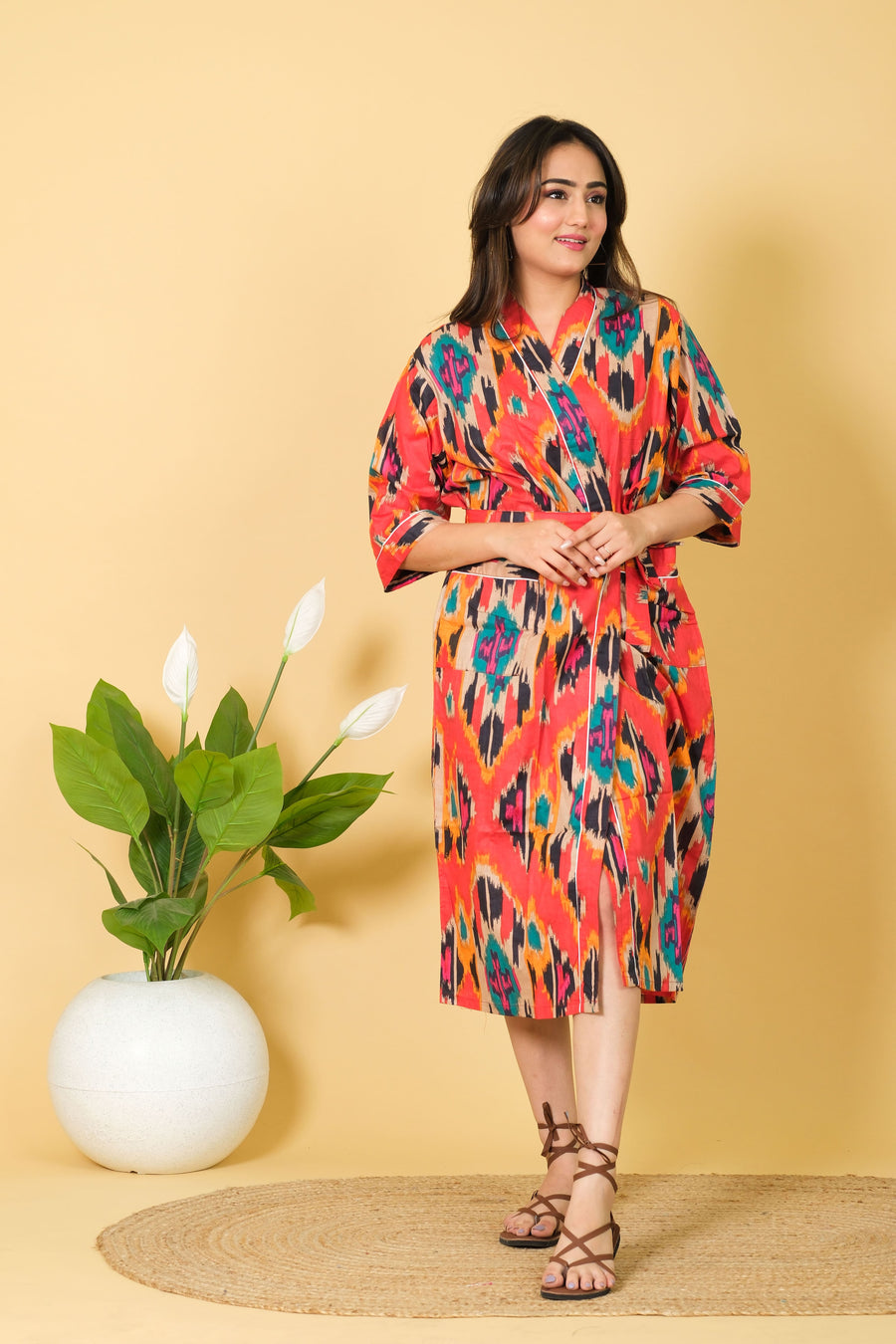 Natural Handmade Ikat Pattern Bathrobe Design By DIWAM VASTRA 100% Cotton Bathrobe For Women