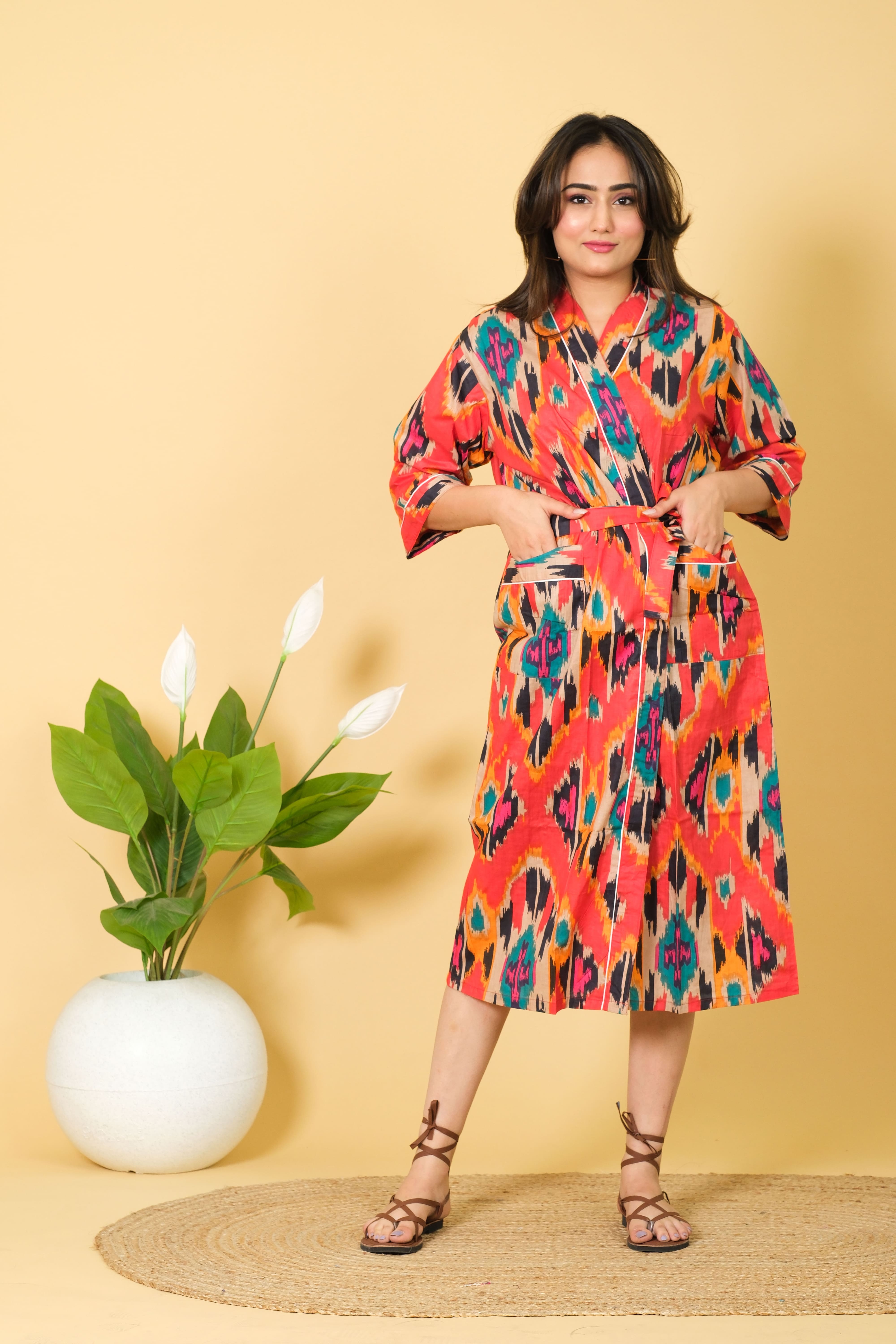 Natural Handmade Ikat Pattern Bathrobe Design By DIWAM VASTRA 100% Cotton Bathrobe For Women