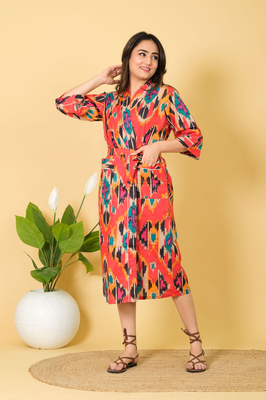 Natural Handmade Ikat Pattern Bathrobe Design By DIWAM VASTRA 100% Cotton Bathrobe For Women