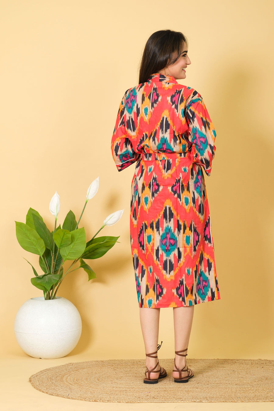 Natural Handmade Ikat Pattern Bathrobe Design By DIWAM VASTRA 100% Cotton Bathrobe For Women