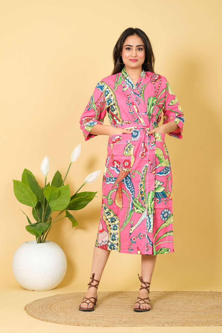 Relaxable Soft & Pure Cotton Bathrobe For Women Baby Pink Color Kimono Design By DIWAM VASTRA