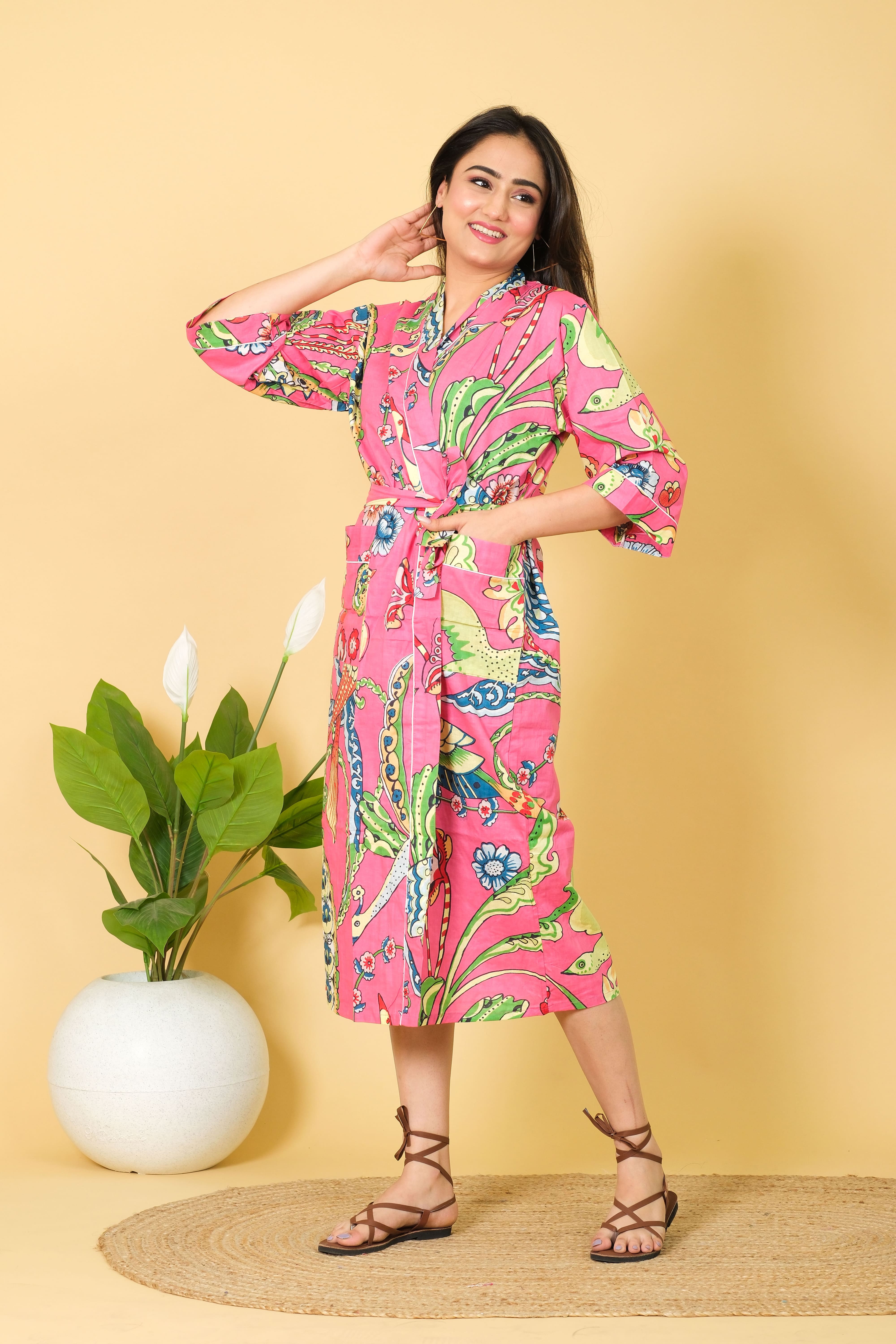 Relaxable Soft & Pure Cotton Bathrobe For Women Baby Pink Color Kimono Design By DIWAM VASTRA