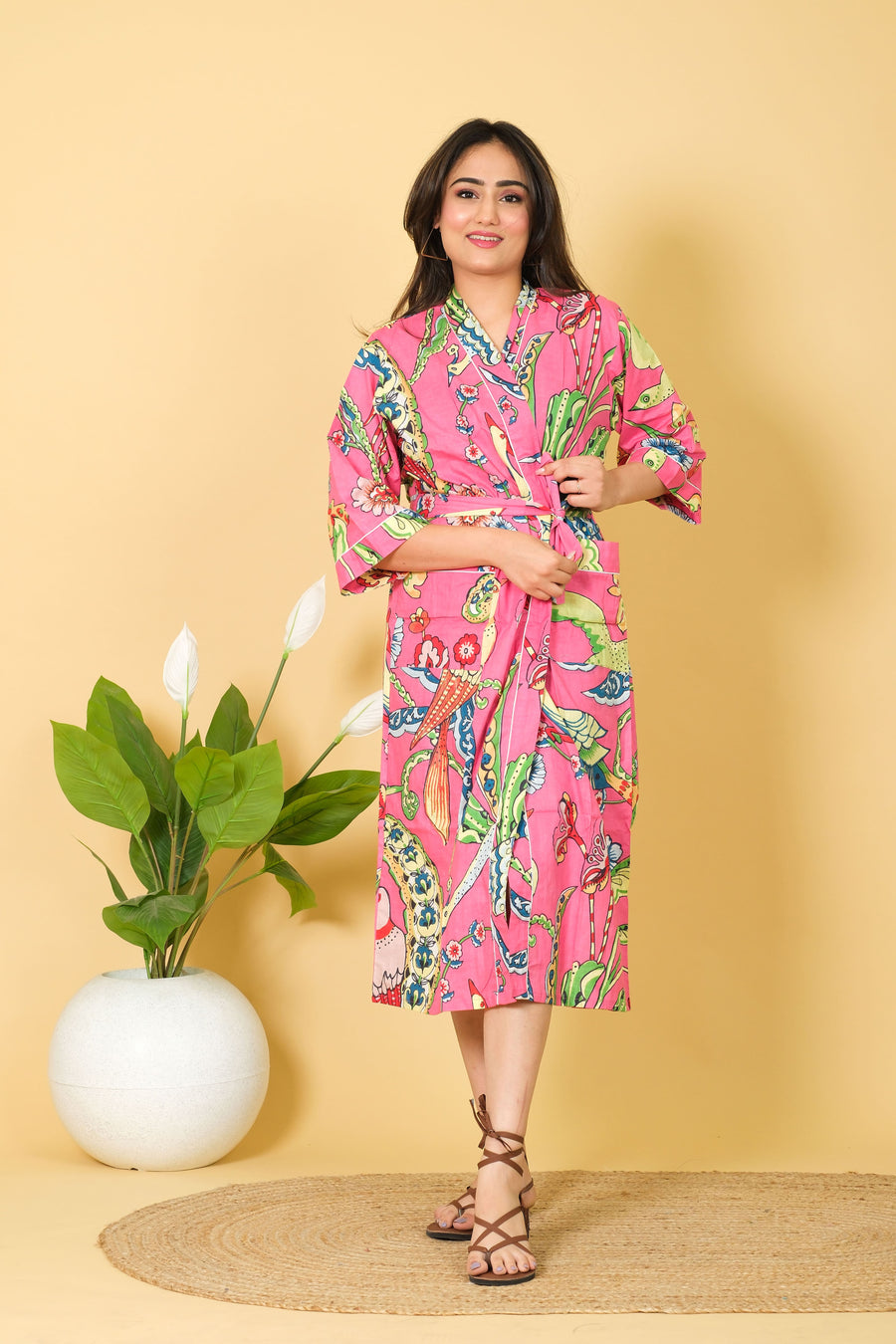 Relaxable Soft & Pure Cotton Bathrobe For Women Baby Pink Color Kimono Design By DIWAM VASTRA