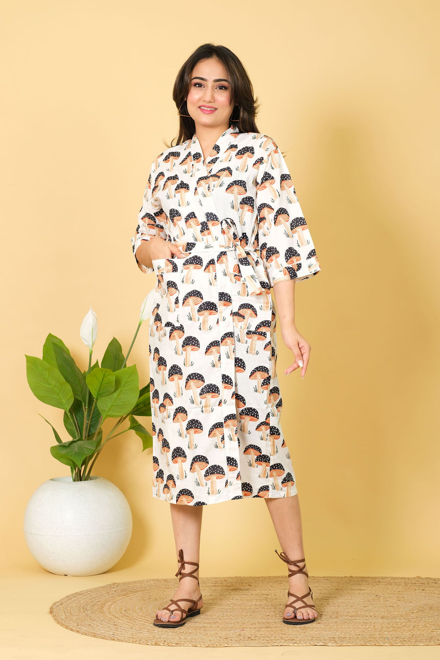 Soft & Breatheble Bathrobe For Women 100% Cotton Bathrobe Mushroom Print Bathrobe