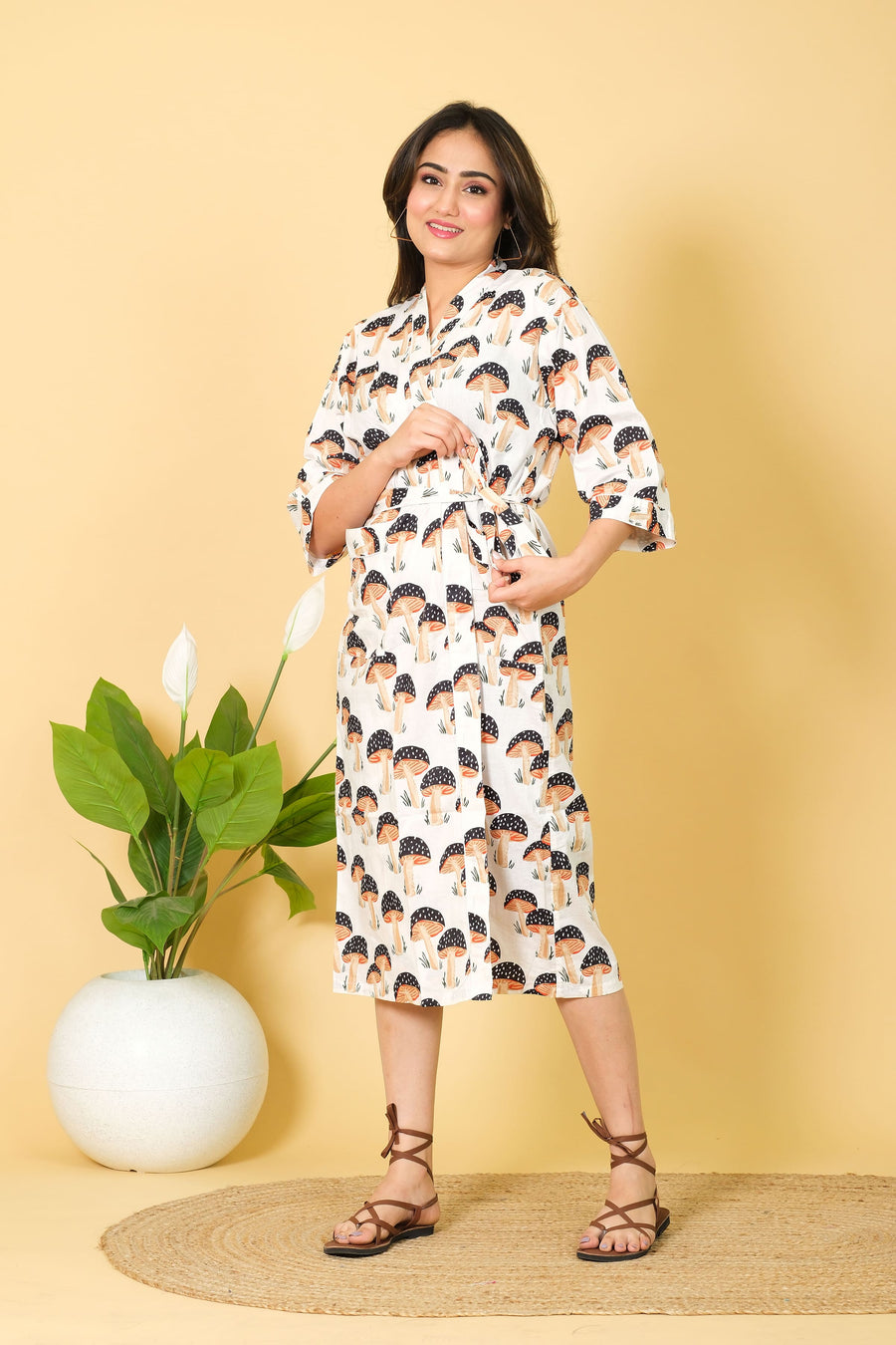 Soft & Breatheble Bathrobe For Women 100% Cotton Bathrobe Mushroom Print Bathrobe