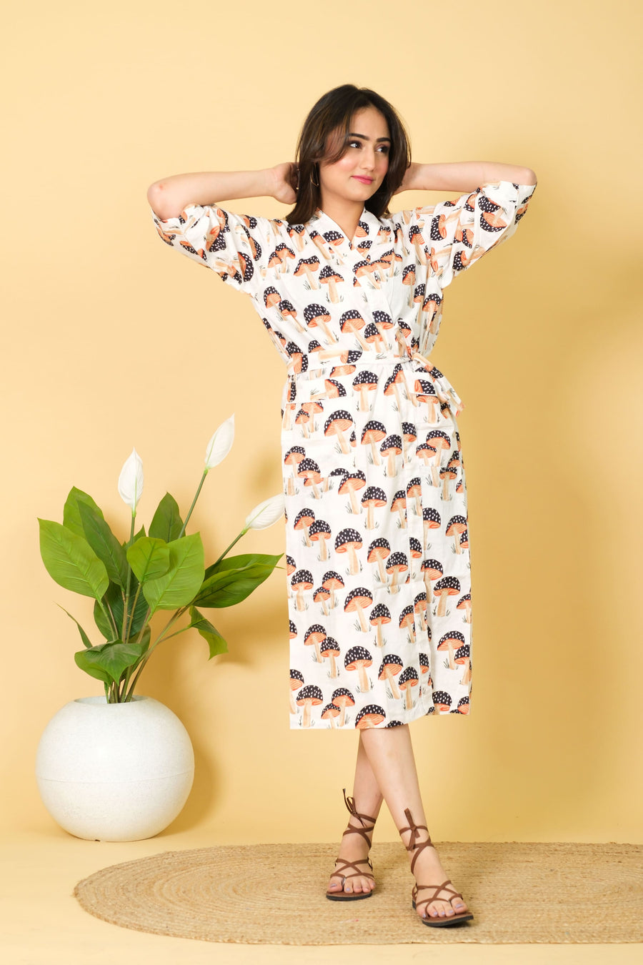 Soft & Breatheble Bathrobe For Women 100% Cotton Bathrobe Mushroom Print Bathrobe