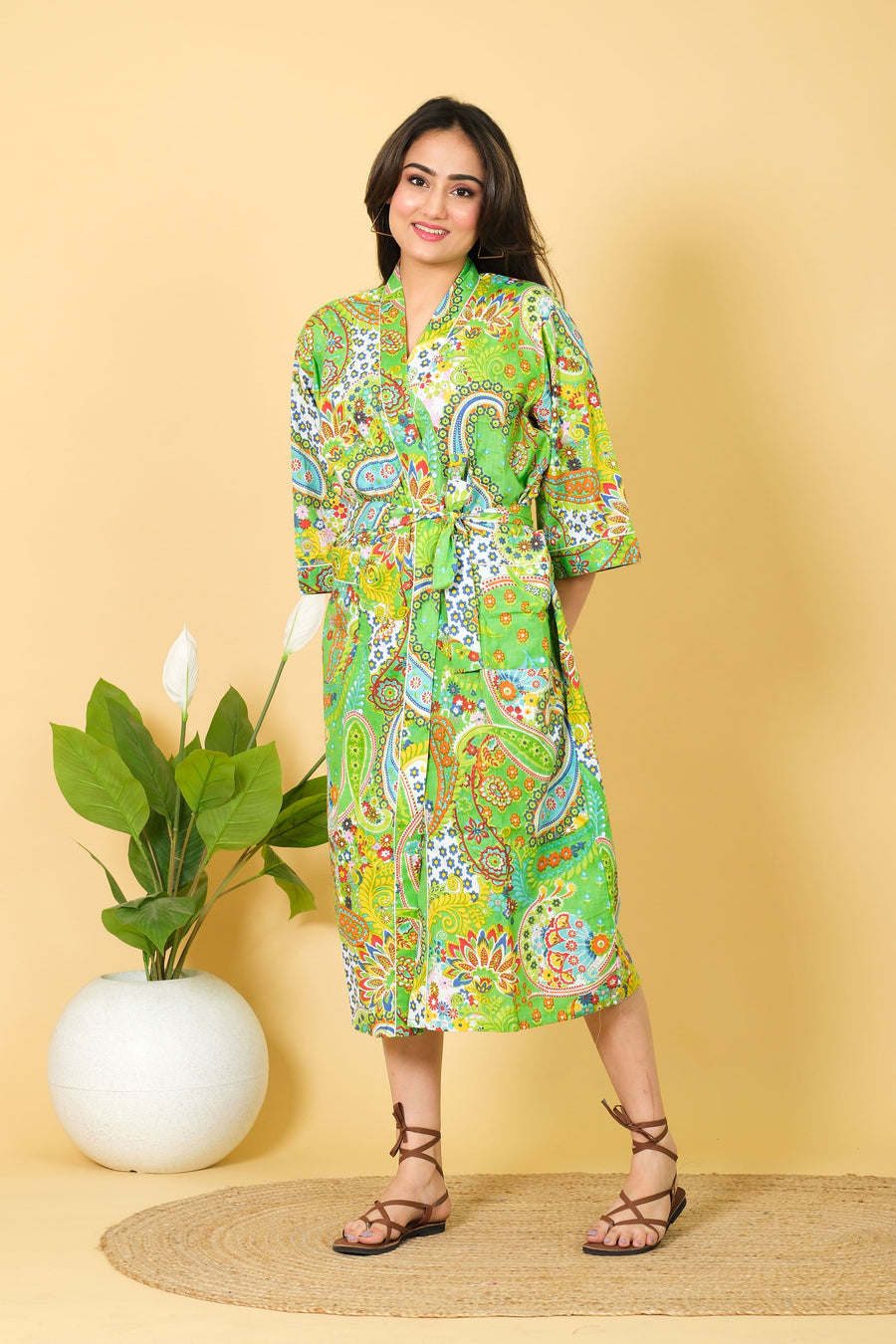 Natural Mint Green Bathrobe Paisley Pattern Bathrobe 100% Cotton Bathrobe For Women
