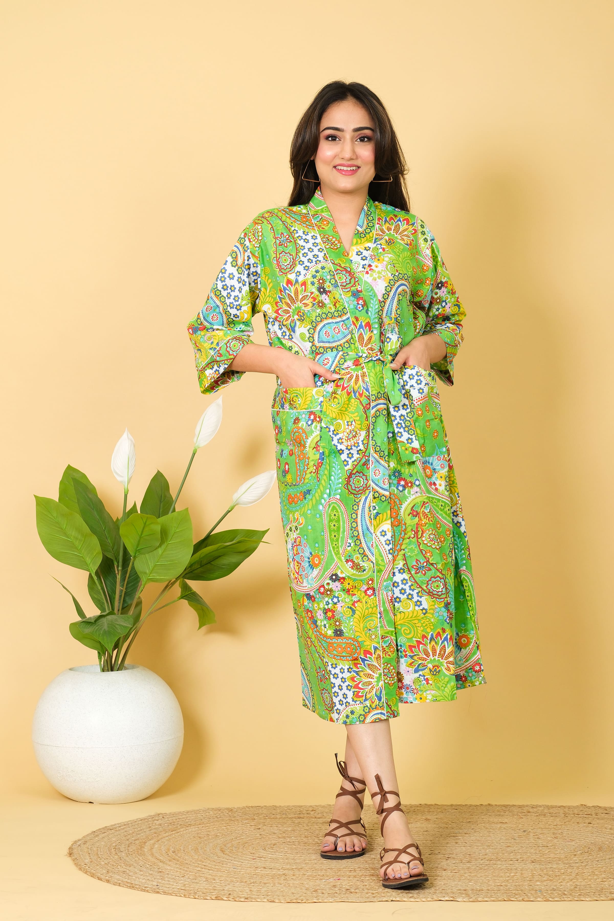 Natural Mint Green Bathrobe Paisley Pattern Bathrobe 100% Cotton Bathrobe For Women
