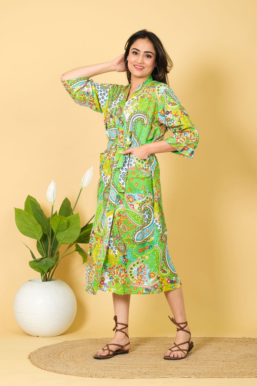 Natural Mint Green Bathrobe Paisley Pattern Bathrobe 100% Cotton Bathrobe For Women