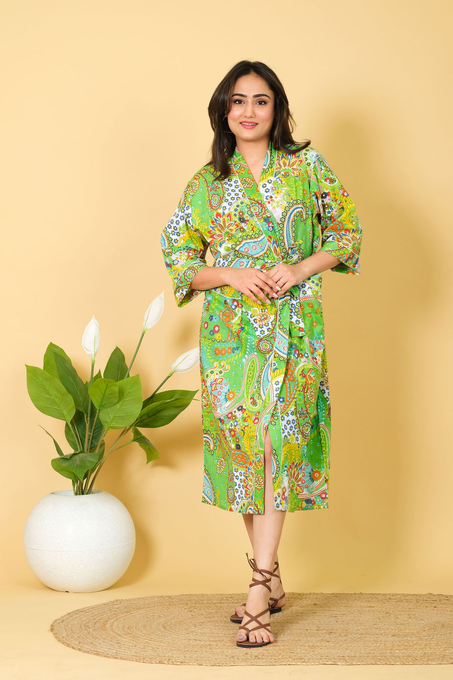 Natural Mint Green Bathrobe Paisley Pattern Bathrobe 100% Cotton Bathrobe For Women