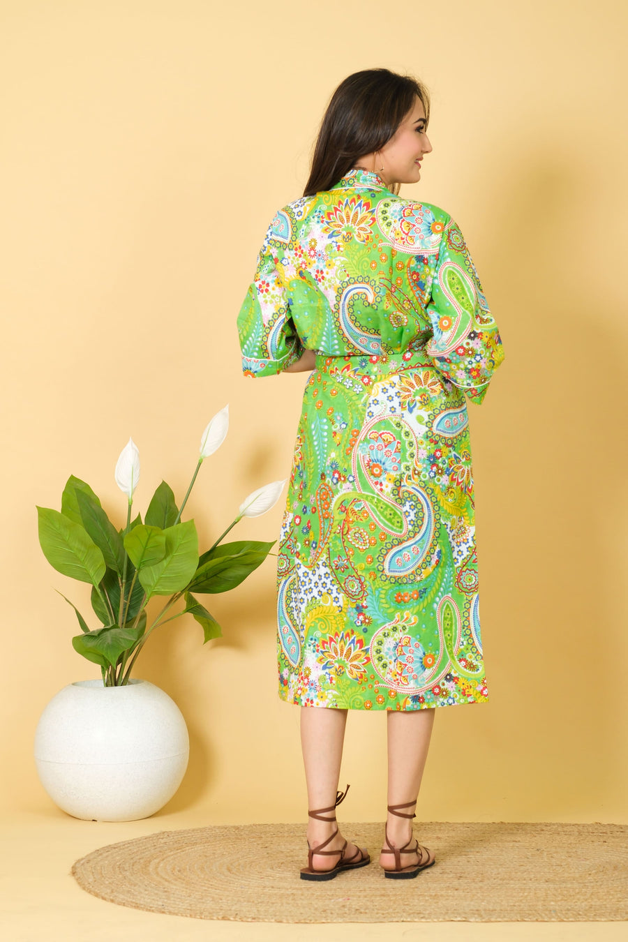 Natural Mint Green Bathrobe Paisley Pattern Bathrobe 100% Cotton Bathrobe For Women