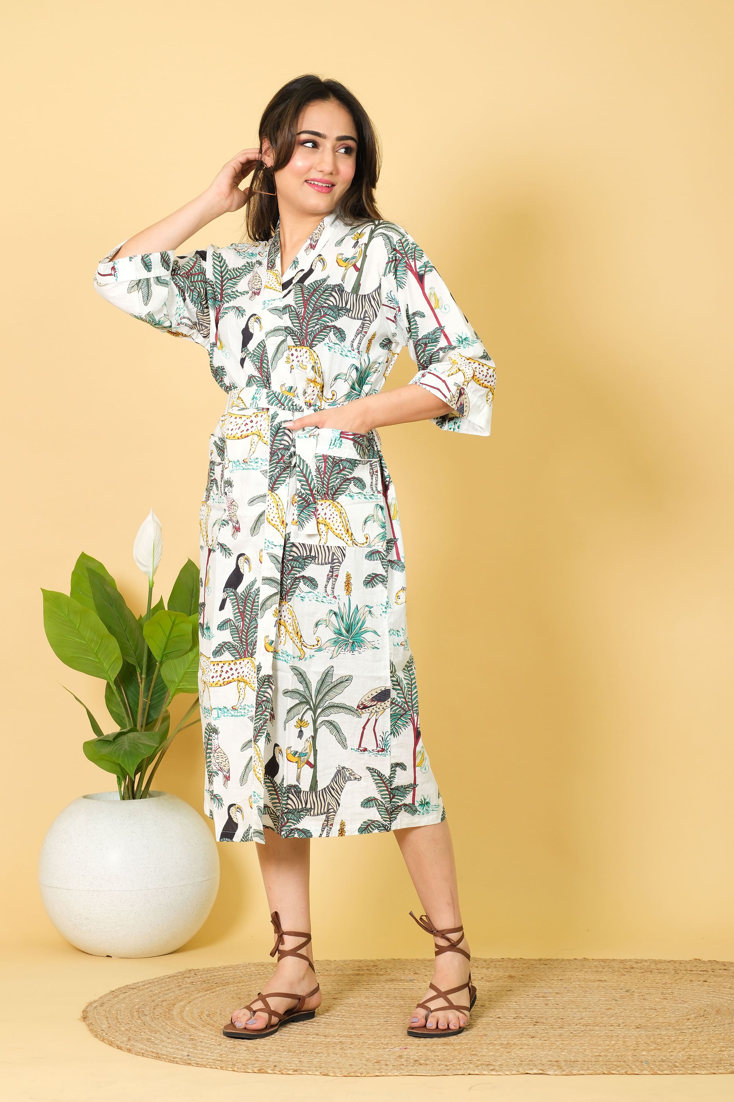 Jungle Print Kimono Bathrobe For Women 100% Cotton Women's Bathrobe Full Bikini Cover-up Bathrobe