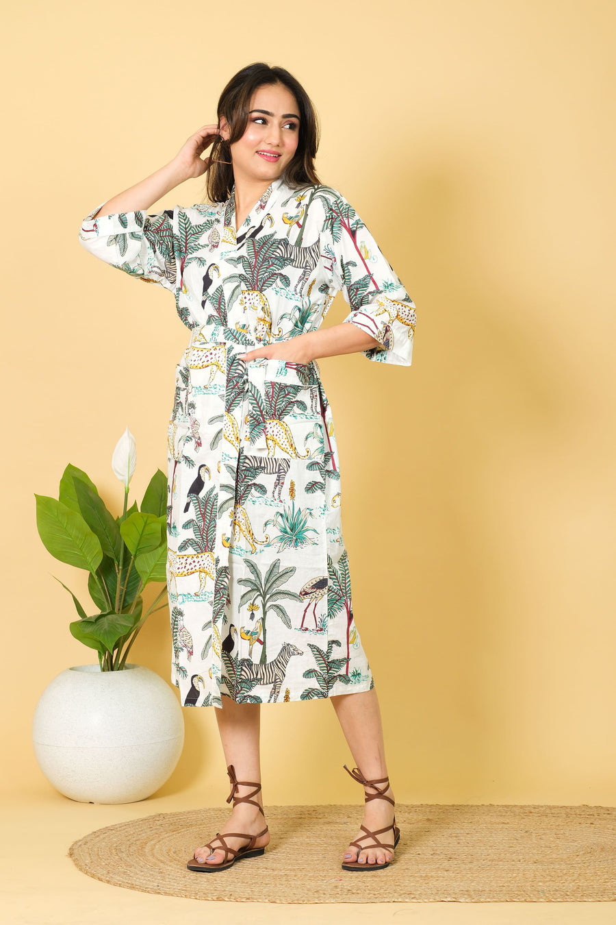 Jungle Print Kimono Bathrobe For Women 100% Cotton Women's Bathrobe Full Bikini Cover-up Bathrobe