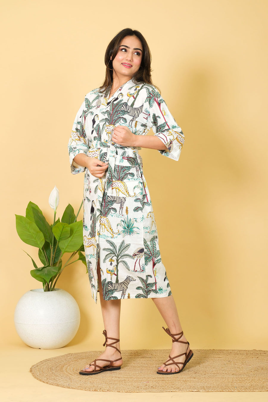 Jungle Print Kimono Bathrobe For Women 100% Cotton Women's Bathrobe Full Bikini Cover-up Bathrobe