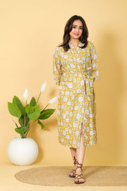 Yellow & White Color Kimono Bathrobe 100% Cotton Bathrobe With 3/4 Sleeves Floral Pattern