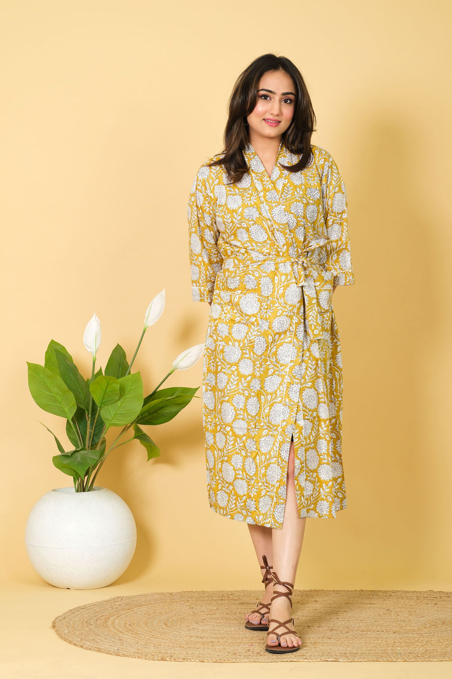 Yellow & White Color Kimono Bathrobe 100% Cotton Bathrobe With 3/4 Sleeves Floral Pattern