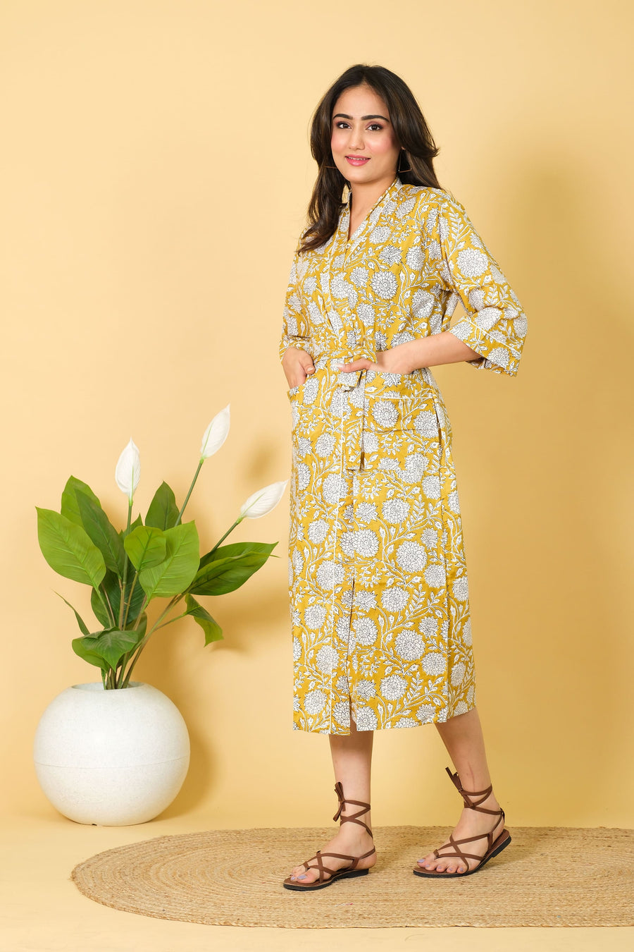 Yellow & White Color Kimono Bathrobe 100% Cotton Bathrobe With 3/4 Sleeves Floral Pattern