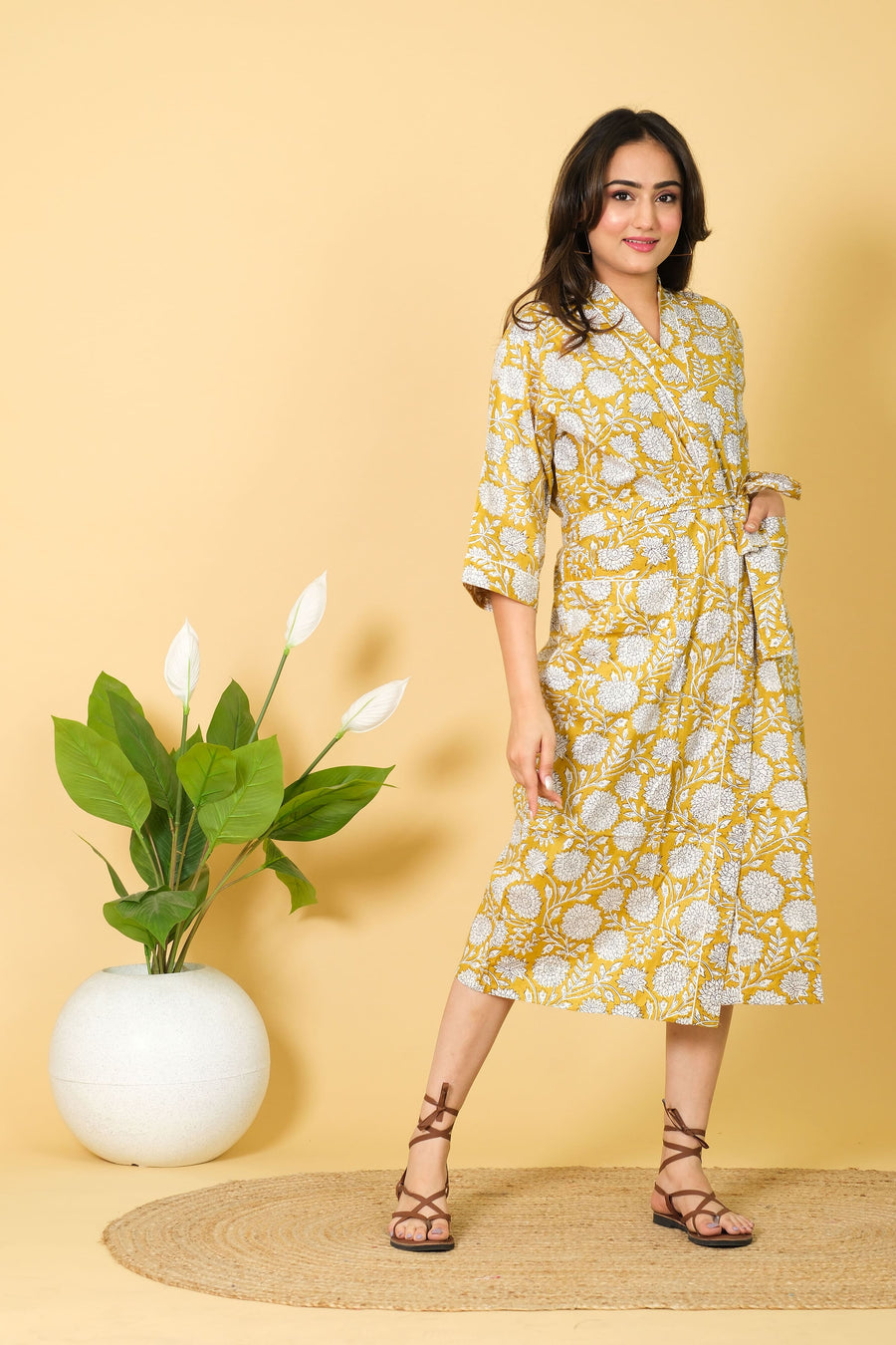 Yellow & White Color Kimono Bathrobe 100% Cotton Bathrobe With 3/4 Sleeves Floral Pattern