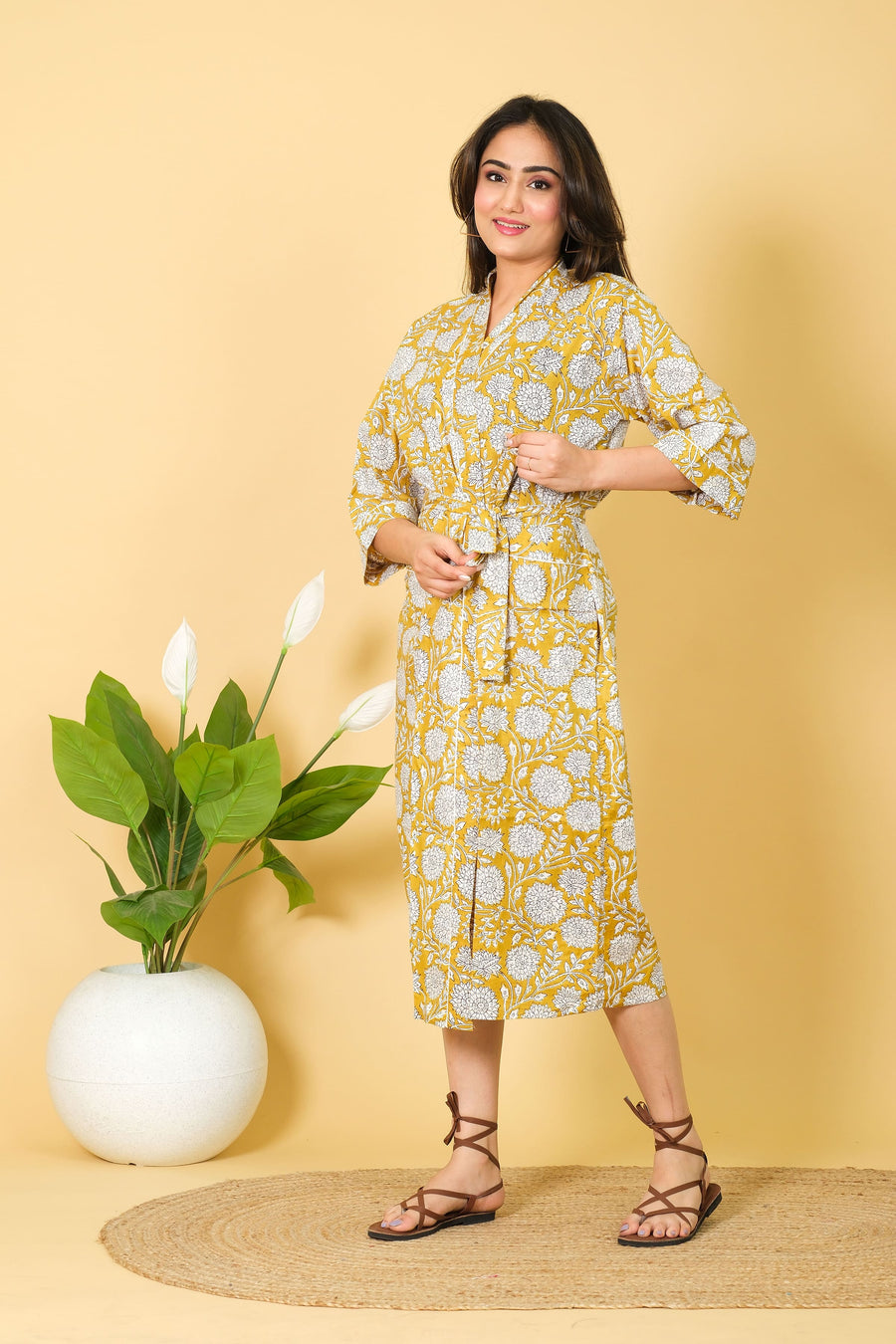 Yellow & White Color Kimono Bathrobe 100% Cotton Bathrobe With 3/4 Sleeves Floral Pattern