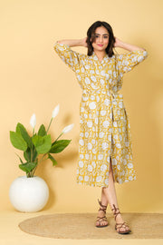 Yellow & White Color Kimono Bathrobe 100% Cotton Bathrobe With 3/4 Sleeves Floral Pattern