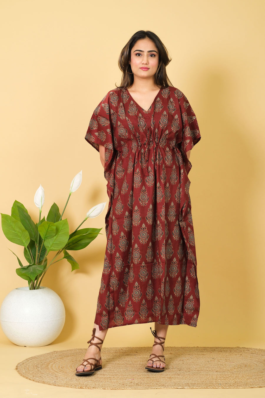 Maroon Cotton Kaftan Dress, 3/4 Sleeve Party Wear Gown for Women