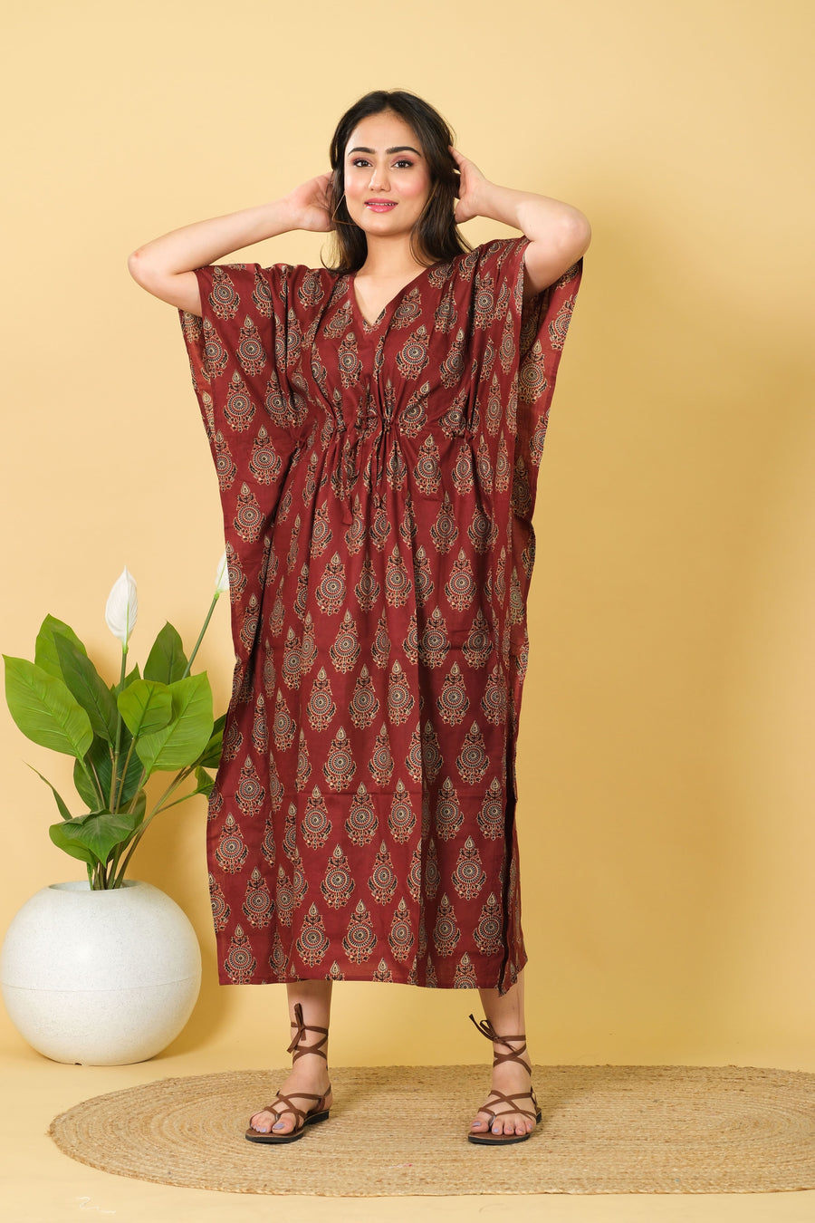 Maroon Cotton Kaftan Dress, 3/4 Sleeve Party Wear Gown for Women