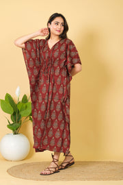 Maroon Cotton Kaftan Dress, 3/4 Sleeve Party Wear Gown for Women