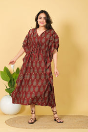 Maroon Cotton Kaftan Dress, 3/4 Sleeve Party Wear Gown for Women