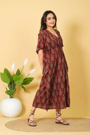 Maroon Cotton Kaftan Dress, 3/4 Sleeve Party Wear Gown for Women