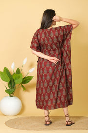 Maroon Cotton Kaftan Dress, 3/4 Sleeve Party Wear Gown for Women