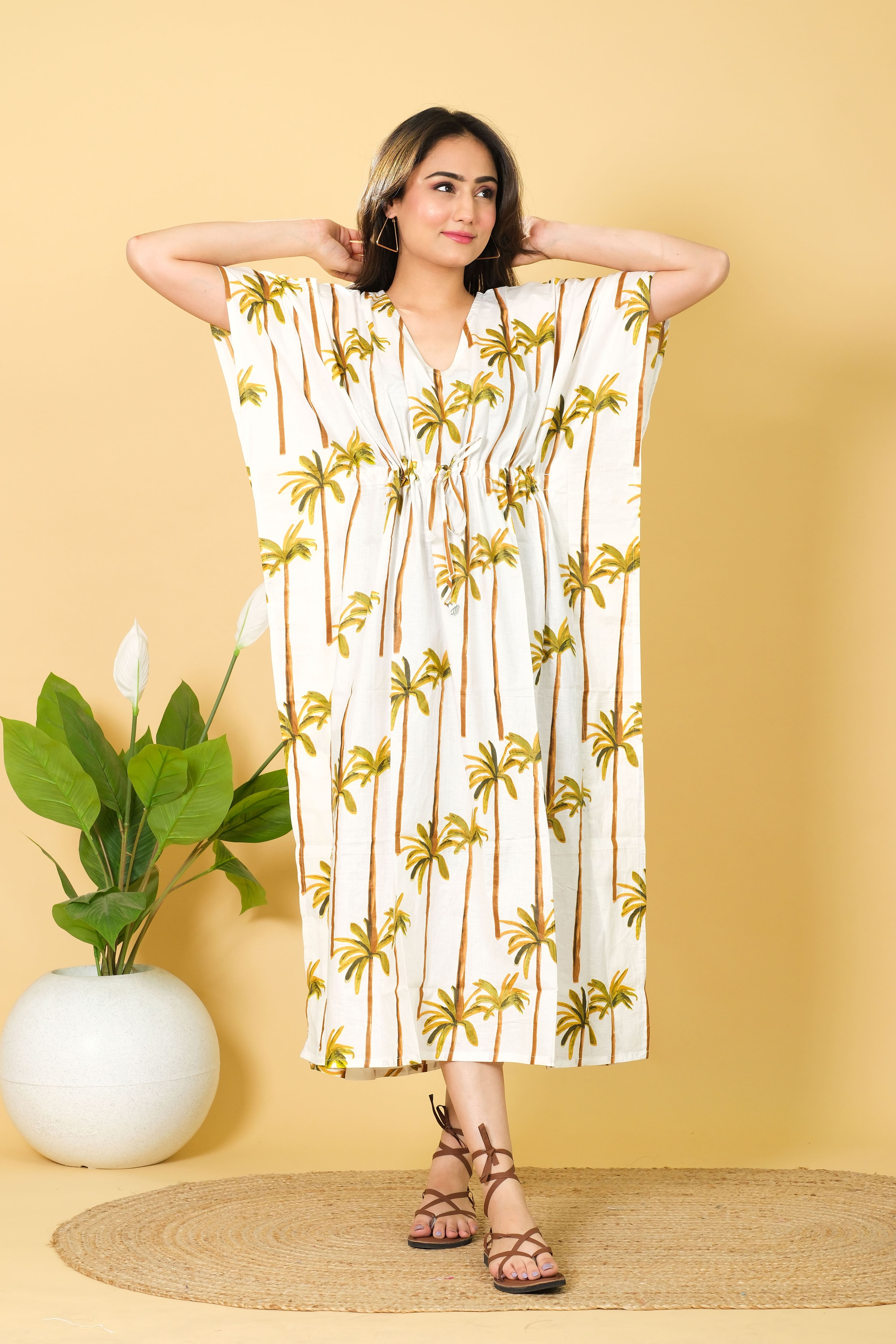 Palm Tree Print Kaftan For Women 100% Cotton Kaftan 3/4 Lenght Sleeves Kaftan