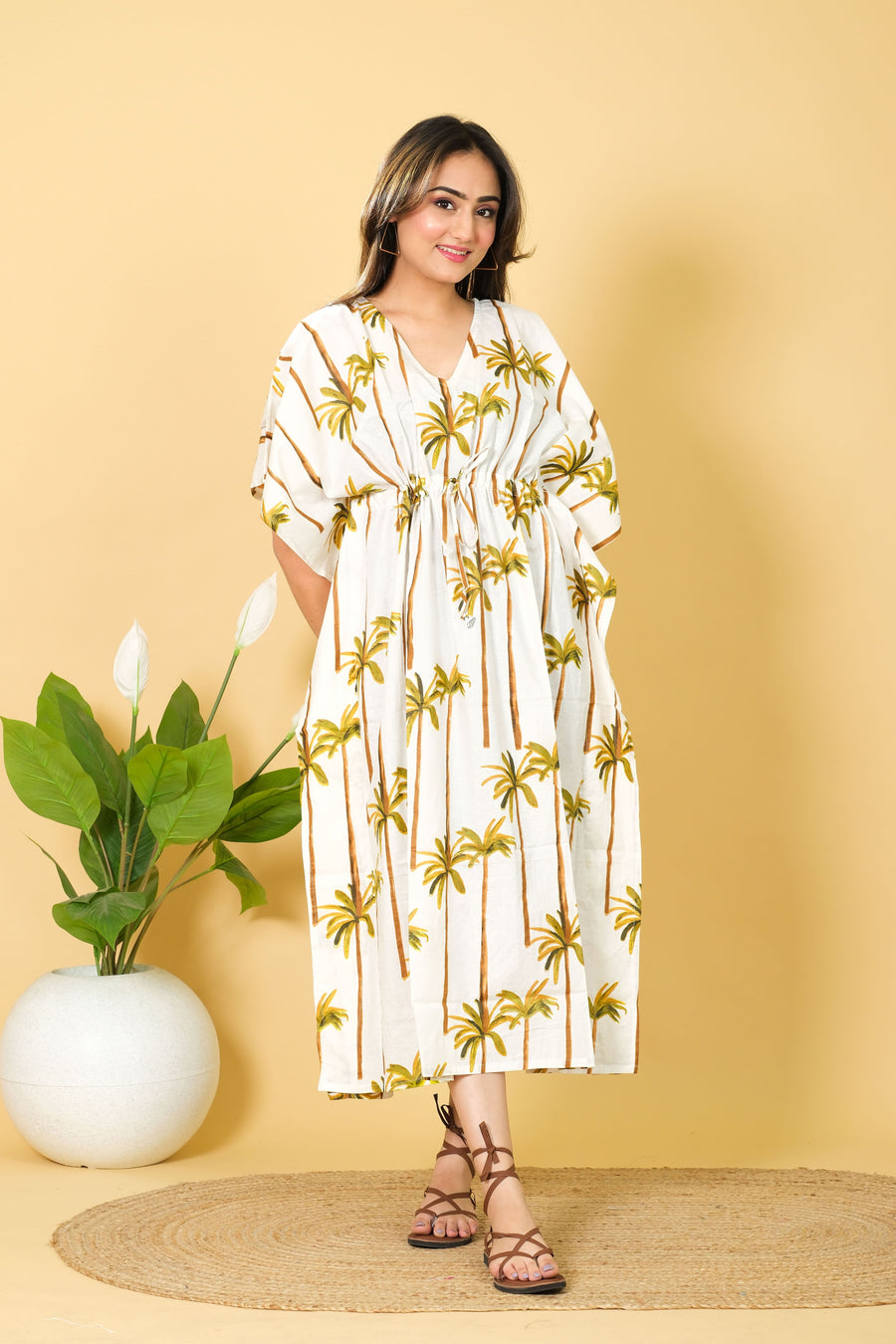 Palm Tree Print Kaftan For Women 100% Cotton Kaftan 3/4 Lenght Sleeves Kaftan